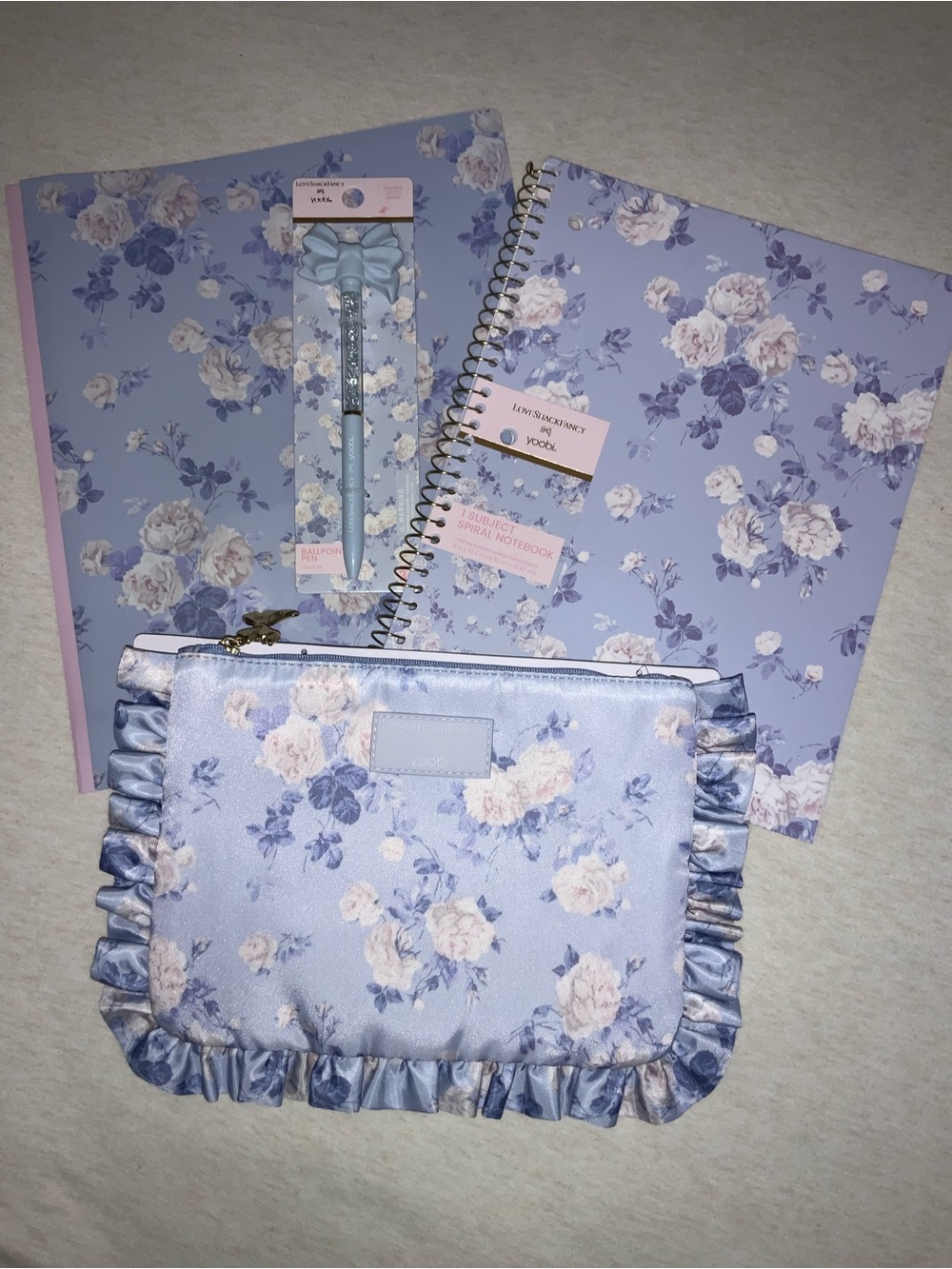 4-Piece LoveShackFancy x Yoobi Blue Floral Notebook & Ruffle Pouch Set